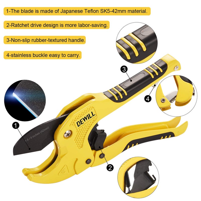 DEWILL Ratchet-type Pipe and PVC Cutter, One-hand Fast Pipe Cutting Tool, for Cutting1-5/8 inch PVC PPR Plastic Hoses and Pipe, Suitable for Home Working and Plumber - Image 3